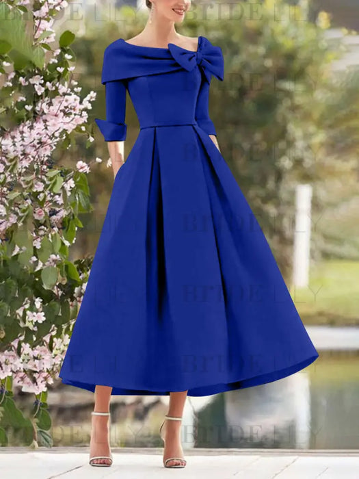 Elegant A-Line Princess Dresses with Cowl Neck and Bows 3/4 Sleeves Tea Length for Mothers of the Bride & Groom