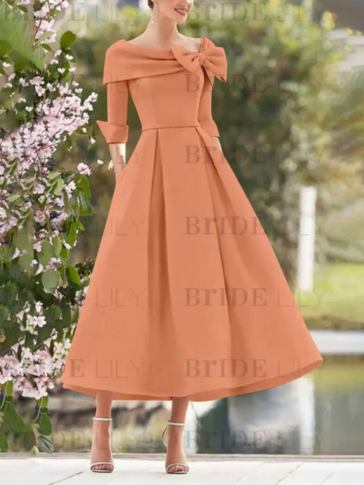 Elegant A-Line Princess Dresses with Cowl Neck and Bows 3/4 Sleeves Tea Length for Mothers of the Bride & Groom