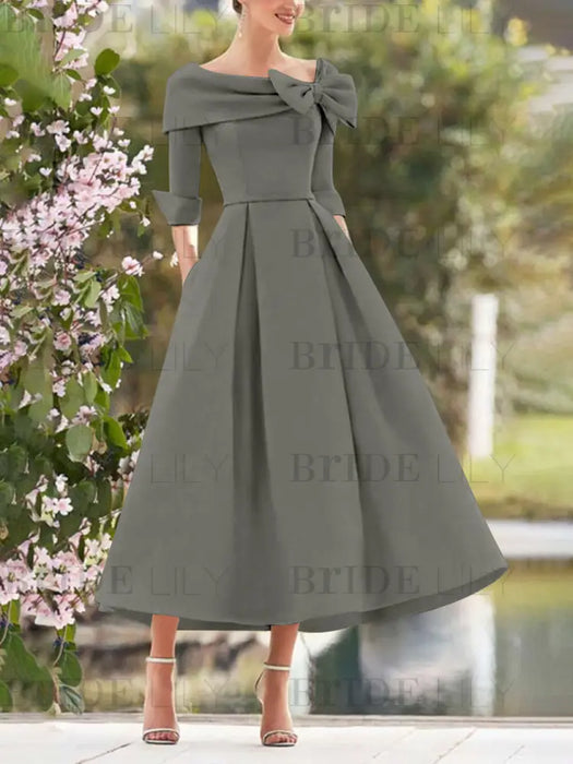 Elegant A-Line Princess Dresses with Cowl Neck and Bows 3/4 Sleeves Tea Length for Mothers of the Bride & Groom