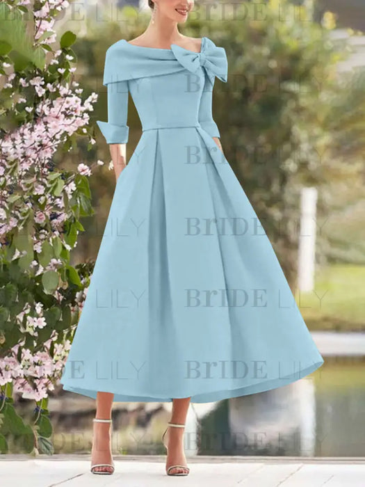 Elegant A-Line Princess Dresses with Cowl Neck and Bows 3/4 Sleeves Tea Length for Mothers of the Bride & Groom