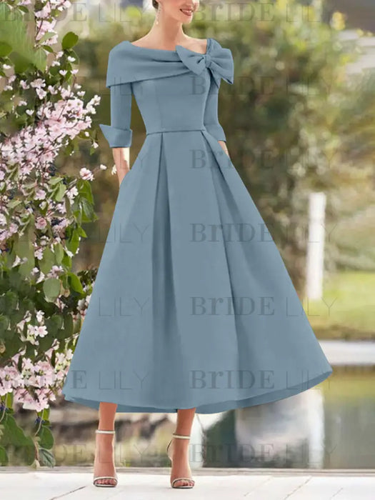 Elegant A-Line Princess Dresses with Cowl Neck and Bows 3/4 Sleeves Tea Length for Mothers of the Bride & Groom