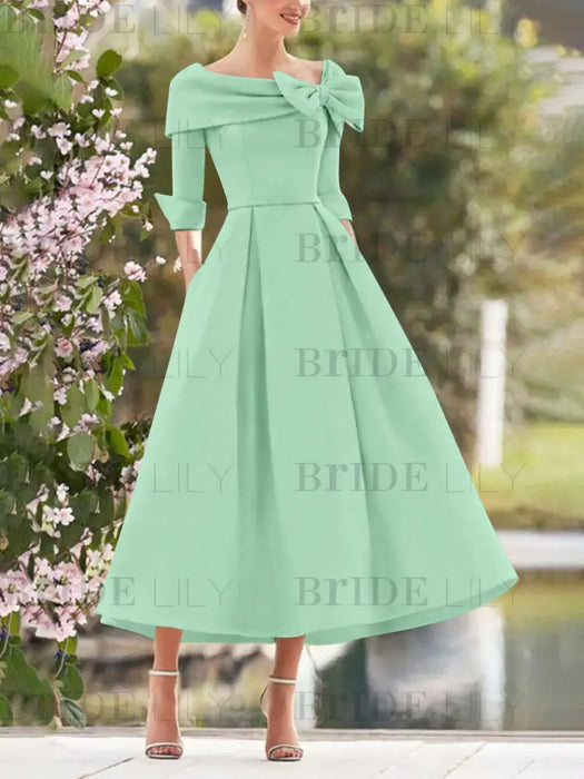 Elegant A-Line Princess Dresses with Cowl Neck and Bows 3/4 Sleeves Tea Length for Mothers of the Bride & Groom