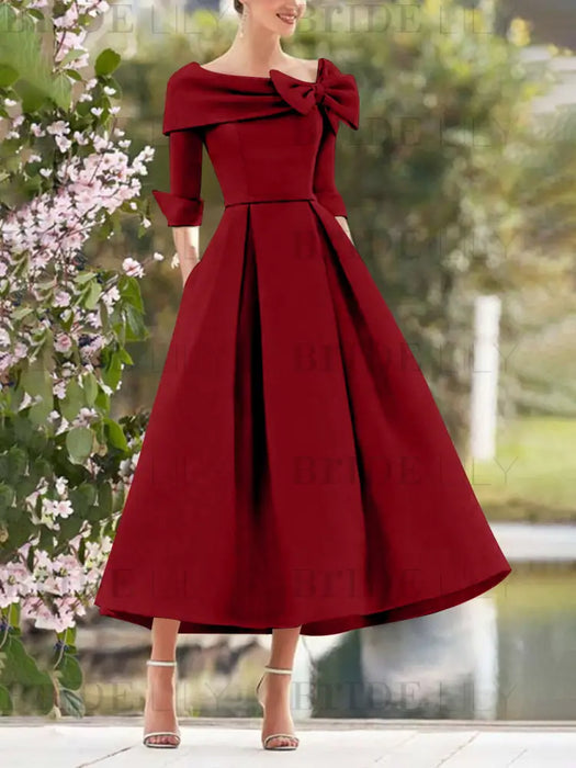 Elegant A-Line Princess Dresses with Cowl Neck and Bows 3/4 Sleeves Tea Length for Mothers of the Bride & Groom