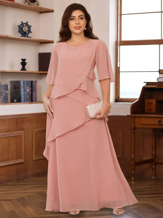 Plus Size Ruffles Chiffon Mother of the Bride Dress Scoop Neck with Half Sleeves