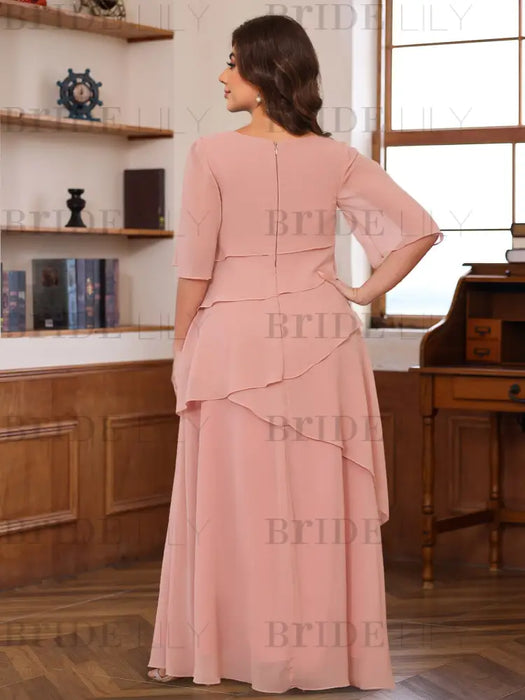 Plus Size Ruffles Chiffon Mother of the Bride Dress Scoop Neck with Half Sleeves