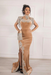 #24 Champagne Peach Velvet Evening Dress High Neck Side Split
