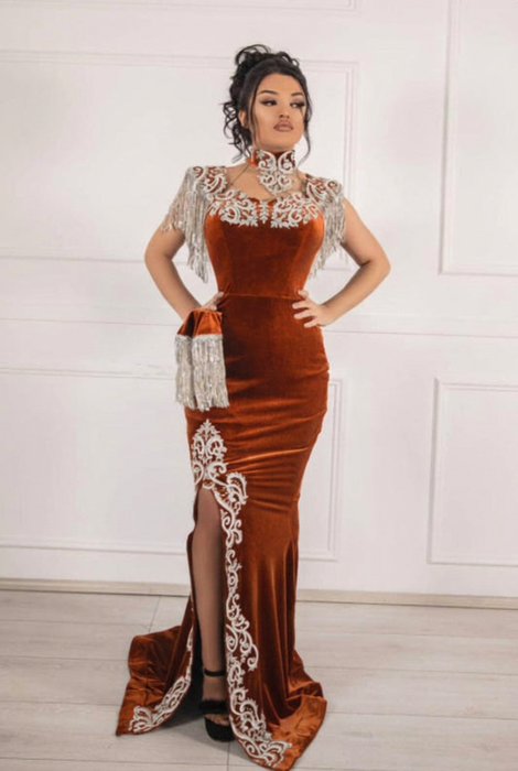 #25 Rust Orange Velvet Evening Dress High Neck Side Split