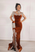 #25 Rust Orange Velvet Evening Dress High Neck Side Split