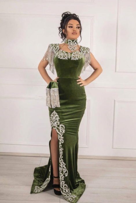 #27 Olive Green Velvet Evening Dress High Neck Side Split