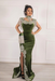 #27 Olive Green Velvet Evening Dress High Neck Side Split
