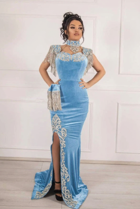 #28 Ice Blue Velvet Evening Dress High Neck Side Split