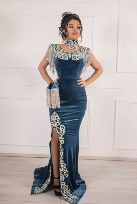 #29 Slate Blue Velvet Evening Dress High Neck Side Split