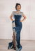 #29 Slate Blue Velvet Evening Dress High Neck Side Split