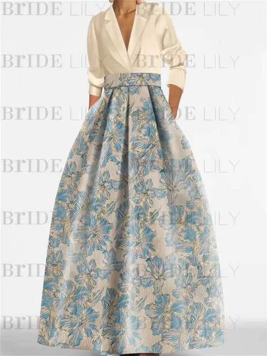 3/4 Sleeve Shirt Collar A-Line Mother of the Bride & Groom Dress with Printed Floral