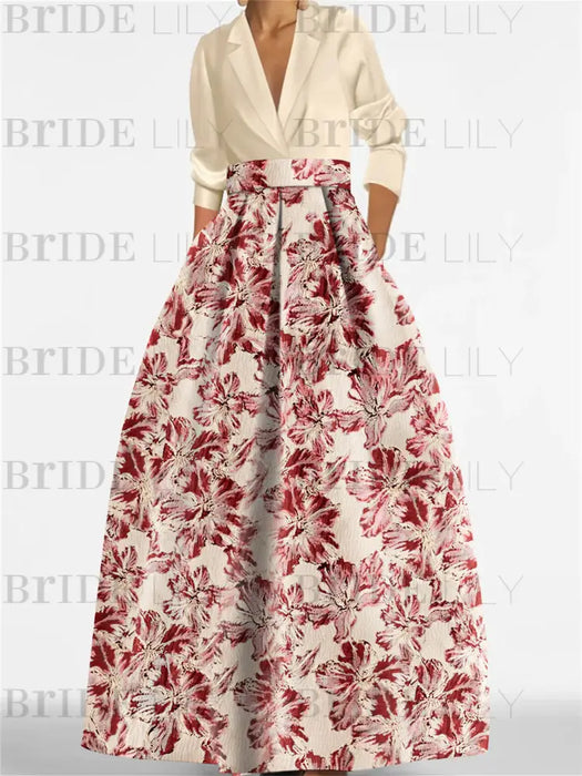 Champagne 3/4 Sleeve Shirt Collar A-Line Mother of the Bride & Groom Dress with Printed Floral