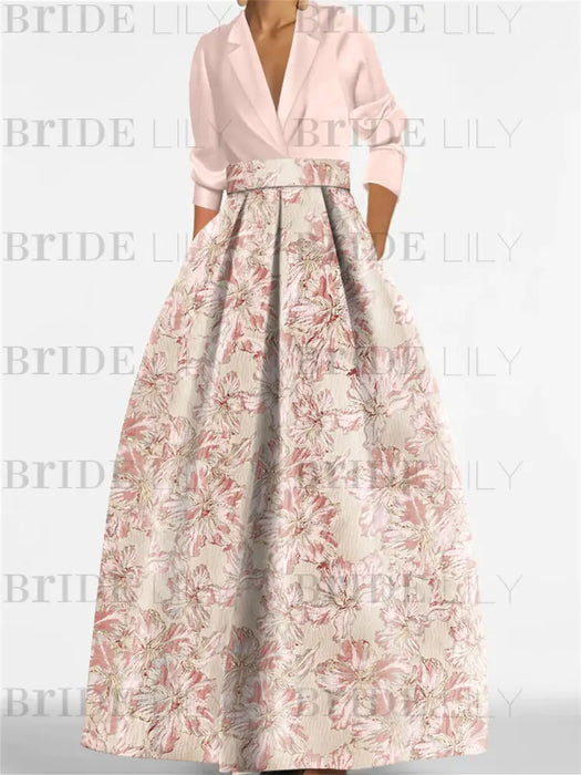 Pearl Pink 3/4 Sleeve Shirt Collar A-Line Mother of the Bride & Groom Dress with Printed Floral