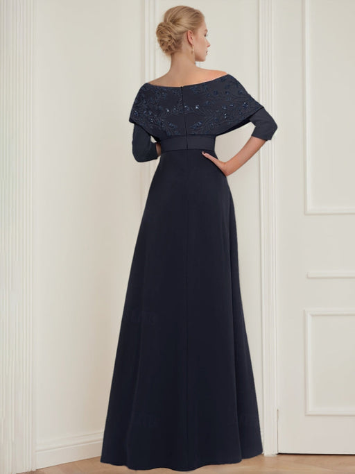 Mother of the Bride Off-the-Shoulder Pantsuit  3/4 Sleeves with Belt