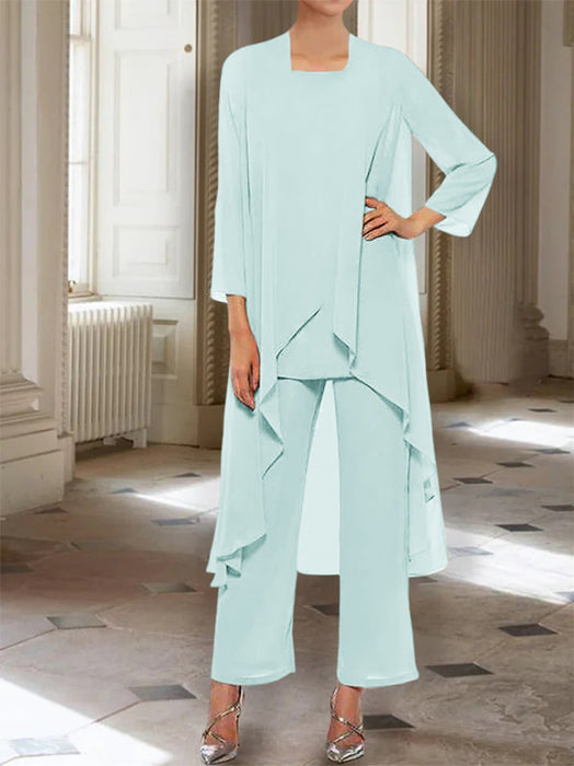 Ankle-Length Mother of the Bride Pantsuits with Jacket in Chiffon Round Neck and 3/4 Sleeves