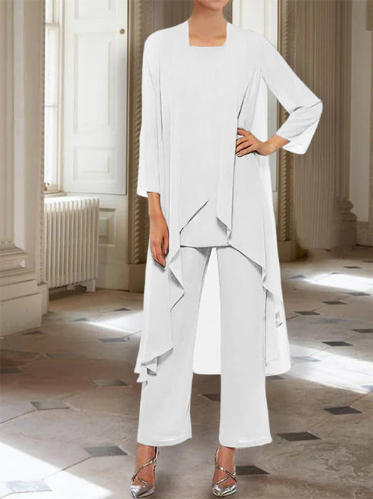 Ankle-Length Mother of the Bride Pantsuits with Jacket in Chiffon Round Neck and 3/4 Sleeves