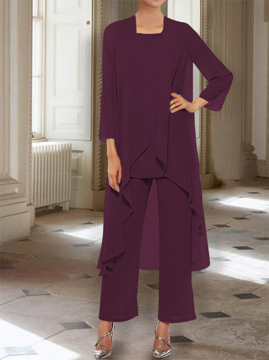 Ankle-Length Mother of the Bride Pantsuits with Jacket in Chiffon Round Neck and 3/4 Sleeves