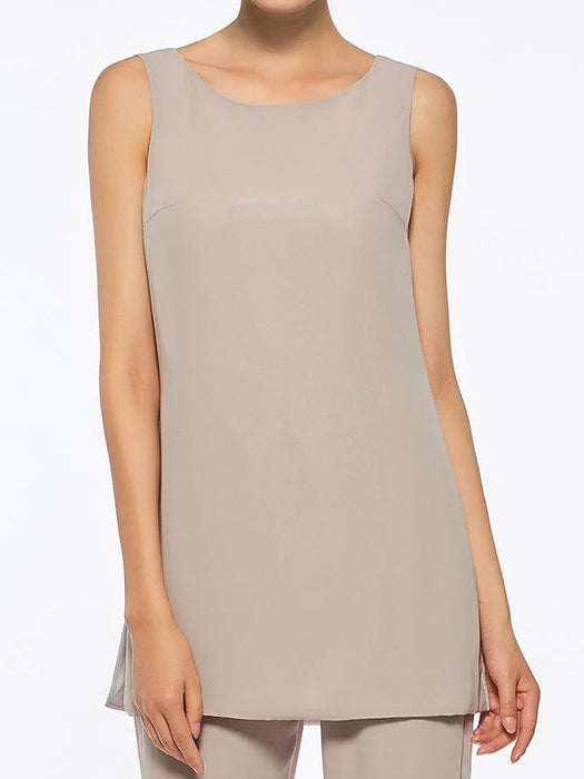 Ankle-Length Mother of the Bride Pantsuits with Jacket in Chiffon Round Neck and 3/4 Sleeves