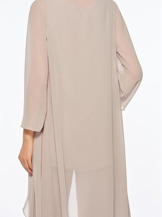 Ankle-Length Mother of the Bride Pantsuits with Jacket in Chiffon Round Neck and 3/4 Sleeves