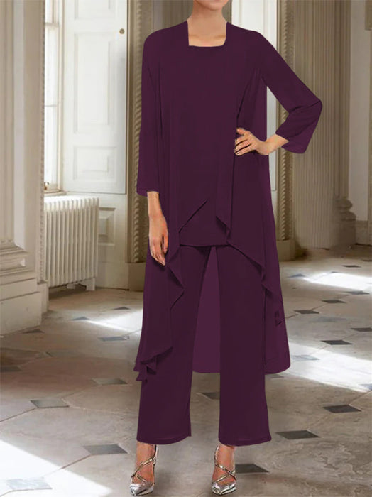 Ankle-Length Mother of the Bride Pantsuits with Jacket in Chiffon Round Neck and 3/4 Sleeves