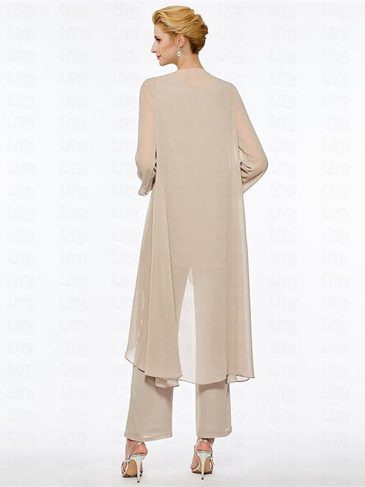 Ankle-Length Mother of the Bride Pantsuits with Jacket in Chiffon Round Neck and 3/4 Sleeves
