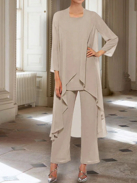 Ankle-Length Mother of the Bride Pantsuits with Jacket in Chiffon Round Neck and 3/4 Sleeves