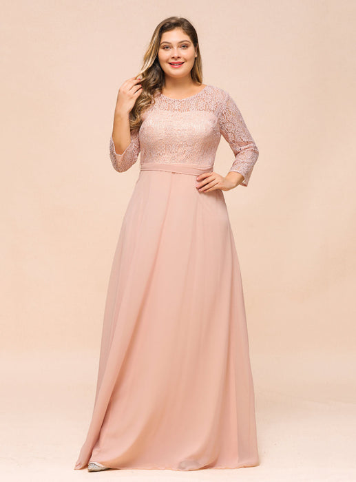 3/4 Sleeves Floral Lace Chiffon A-line Bridesmaid Dress Dusty Rose - Bridesmaid Dresses