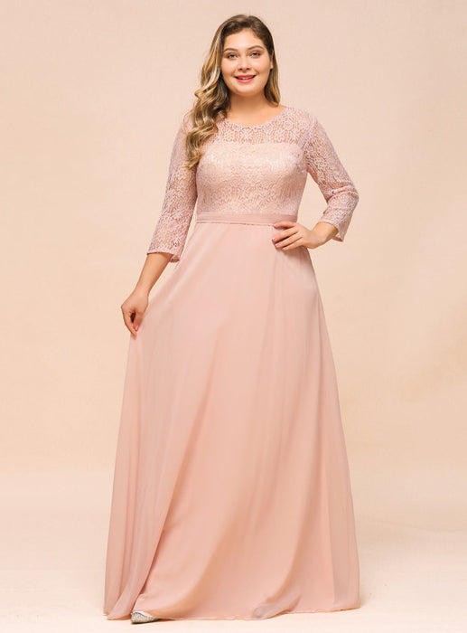 3/4 Sleeves Floral Lace Chiffon A-line Bridesmaid Dress Dusty Rose - Bridesmaid Dresses