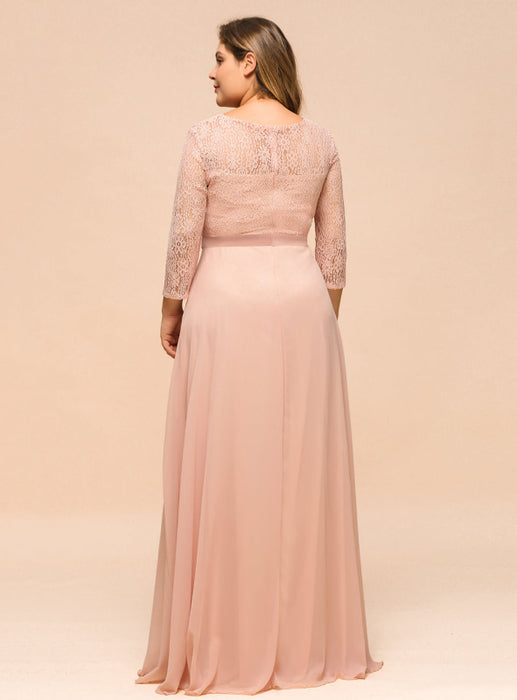 3/4 Sleeves Floral Lace Chiffon A-line Bridesmaid Dress Dusty Rose - Bridesmaid Dresses
