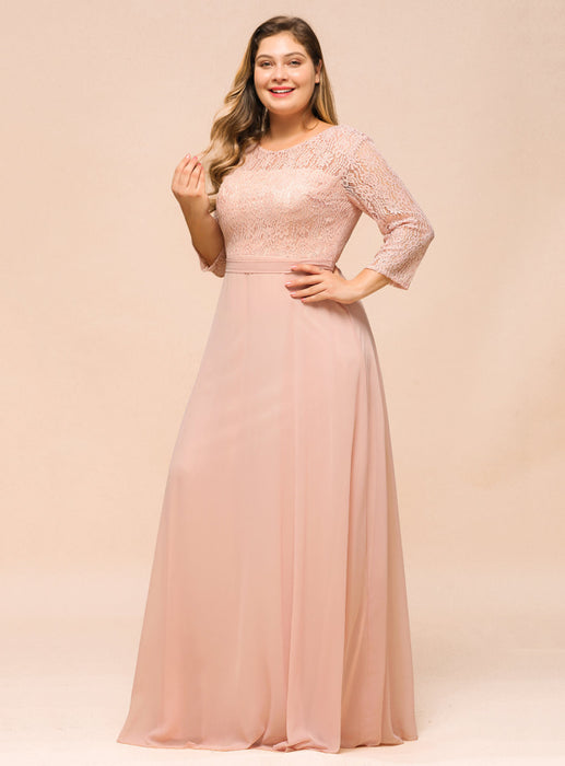 3/4 Sleeves Floral Lace Chiffon A-line Bridesmaid Dress Dusty Rose - Bridesmaid Dresses