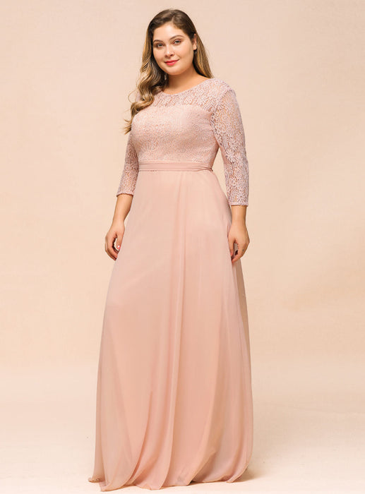 3/4 Sleeves Floral Lace Chiffon A-line Bridesmaid Dress Dusty Rose - Bridesmaid Dresses