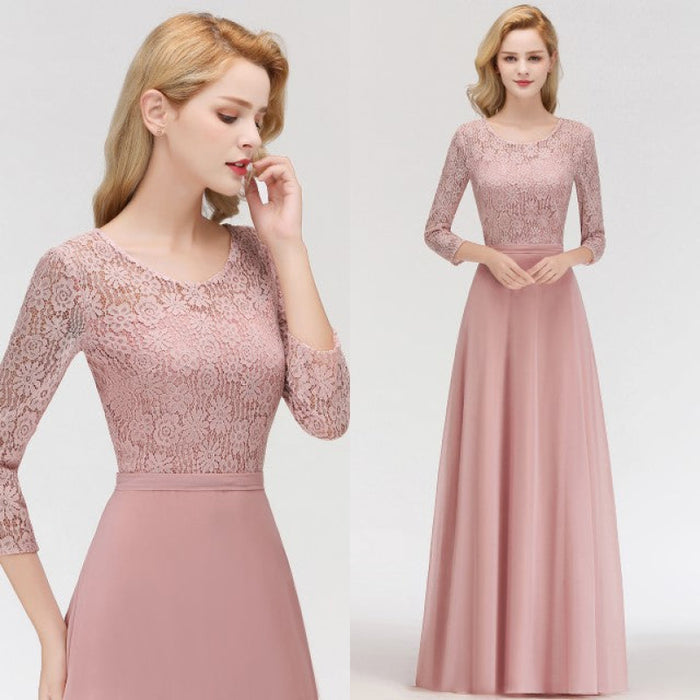 3/4 Sleeves Floral Lace Chiffon A-line Bridesmaid Dress Dusty Rose - Bridesmaid Dresses