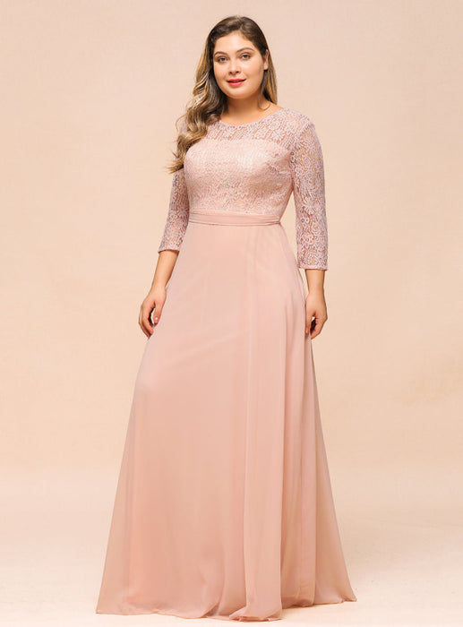 3/4 Sleeves Floral Lace Chiffon A-line Bridesmaid Dress Dusty Rose - Bridesmaid Dresses