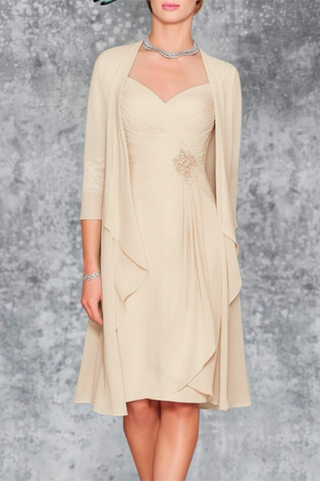 Champagne 3/4 Sleeves Knee Length Ruffle Chiffon Mother of the Bride Outfits with Lace - Prom Dresses