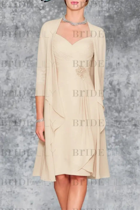 Champagne 3/4 Sleeves Knee Length Ruffle Chiffon Mother of the Bride Outfits with Lace - Prom Dresses