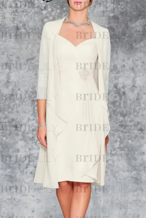 Ivory 3/4 Sleeves Knee Length Ruffle Chiffon Mother of the Bride Outfits with Lace - Prom Dresses