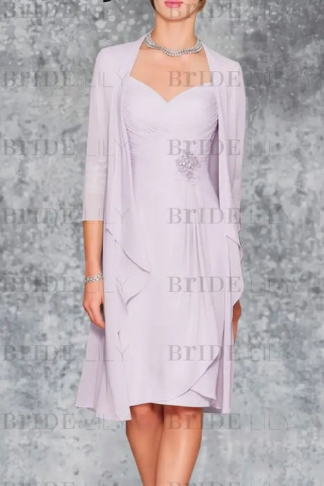 Lilac 3/4 Sleeves Knee Length Ruffle Chiffon Mother of the Bride Outfits with Lace - Prom Dresses