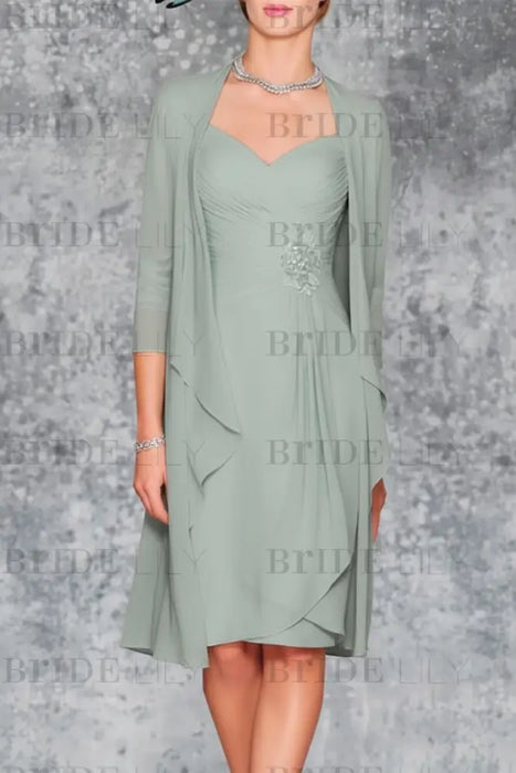 Dusty Sage 3/4 Sleeves Knee Length Ruffle Chiffon Mother of the Bride Outfits with Lace - Prom Dresses