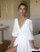White Wedding Dresses With Train A Line Floor Length 3/4 Length Sleeves Pleated V Neck Bridal Dresses