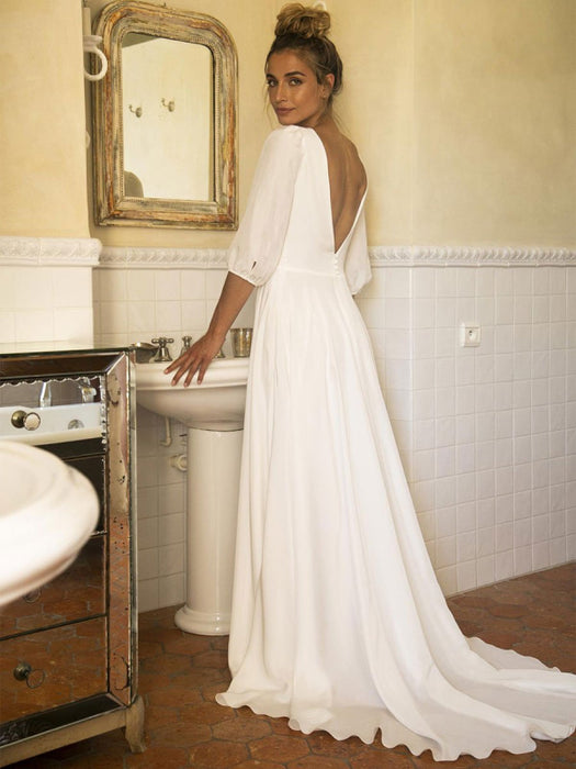 White Wedding Dresses With Train A Line Floor Length 3/4 Length Sleeves Pleated V Neck Bridal Dresses