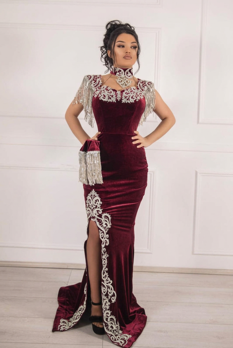 #3 Burgundy Velvet Evening Dress High Neck Side Split