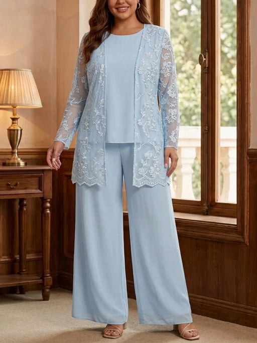 3 Pieces Chiffon Plus Size Mother of the Bride Pantsuits with Lace Floral