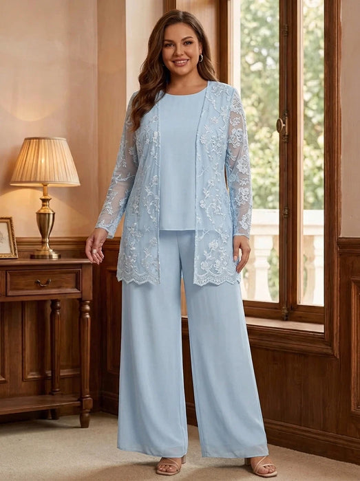 3 Pieces Chiffon Plus Size Mother of the Bride Pantsuits with Lace Floral