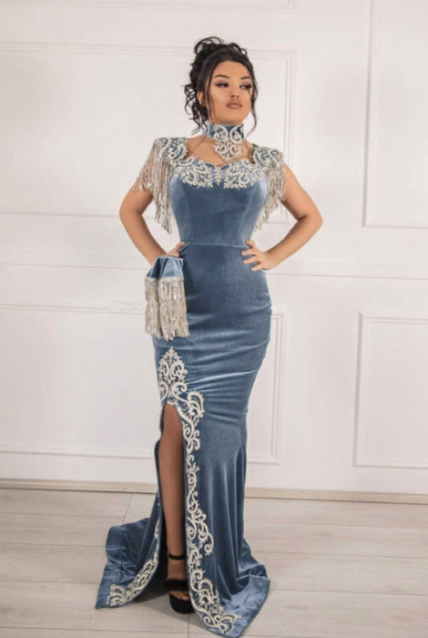 #30 Dusty Blue Velvet Evening Dress High Neck Side Split