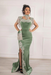 #31 Sage Green Velvet Evening Dress High Neck Side Split