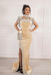 #32 Light Champagne Velvet Evening Dress High Neck Side Split