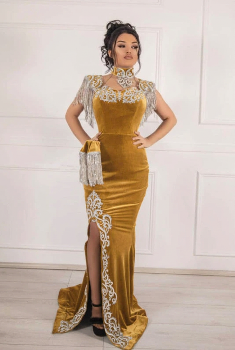 #34 Gold Velvet Evening Dress High Neck Side Split